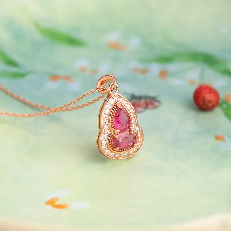 小银匠西瓜碧玺S925银葫芦吊坠女款红色玉石锁骨链项链送女友礼物