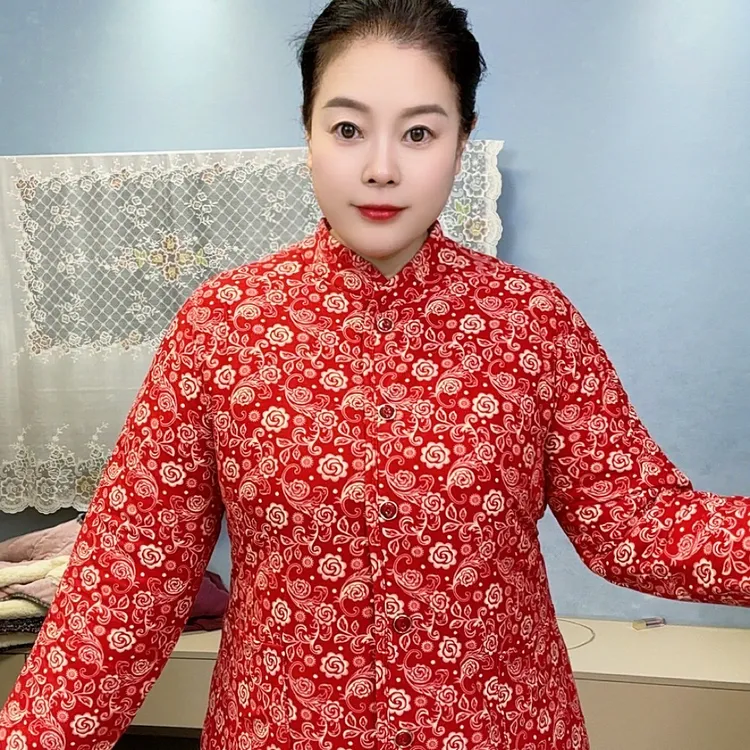 冬季新款加绒加厚仿兔毛大贴片中式立领碎花大弹力棉服保暖