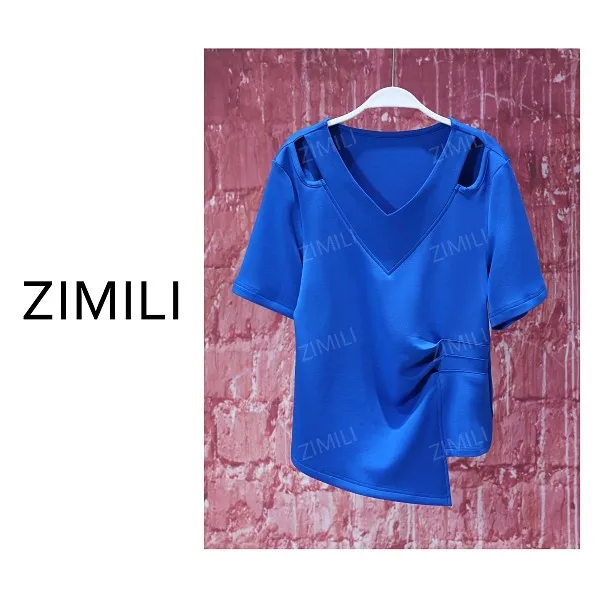 【亮哥女装】2025欧版克莱因蓝V领镂空束腰显瘦时尚休闲短袖9603-C5