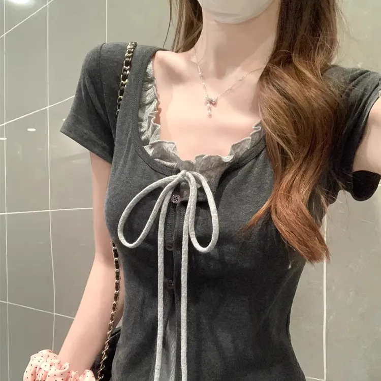 2025初夏穿搭新款正肩方领短袖t恤女独特漂亮超好看小衫短款上衣