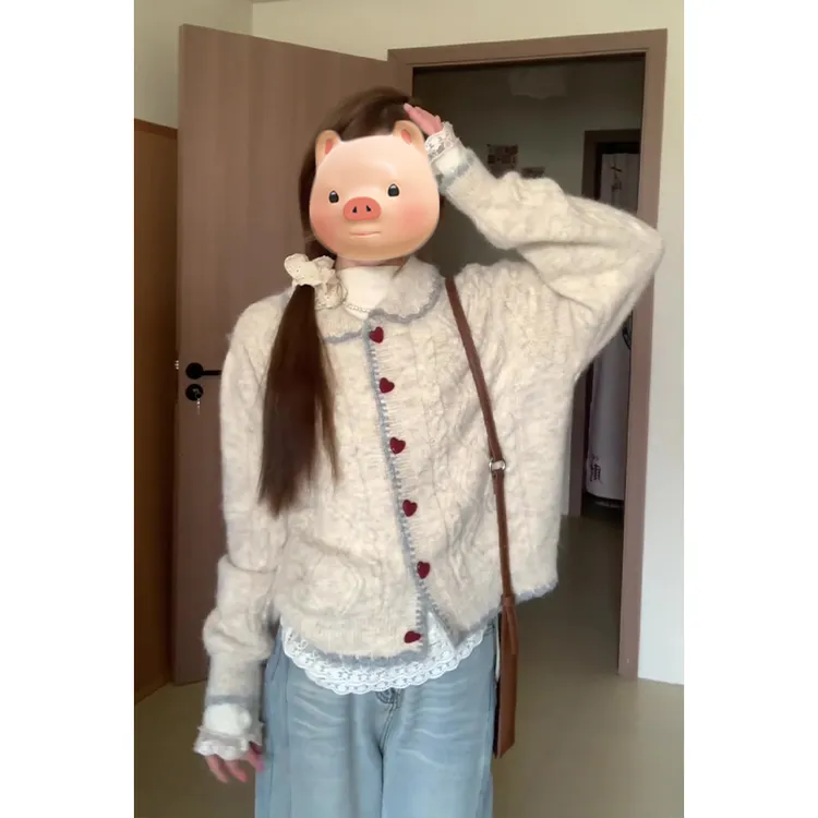 法式甜美软糯娃娃领麻花毛衣开衫女秋冬季加厚慵懒风翻领针织外套