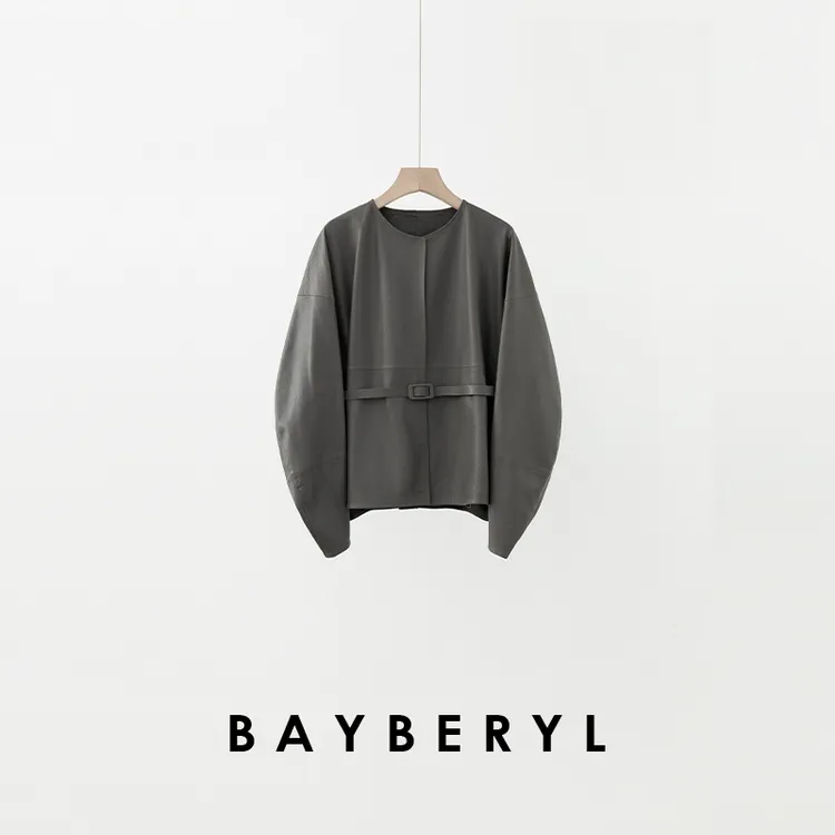 BAYBERYL老贝羊腿袖纹理感气质飒系带无领秋黑皮衣9PY5I0544-9/7