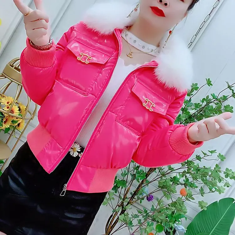 秋冬亮面小个子棉服免洗短款高腰大毛领棉衣修身时尚气质百搭外套