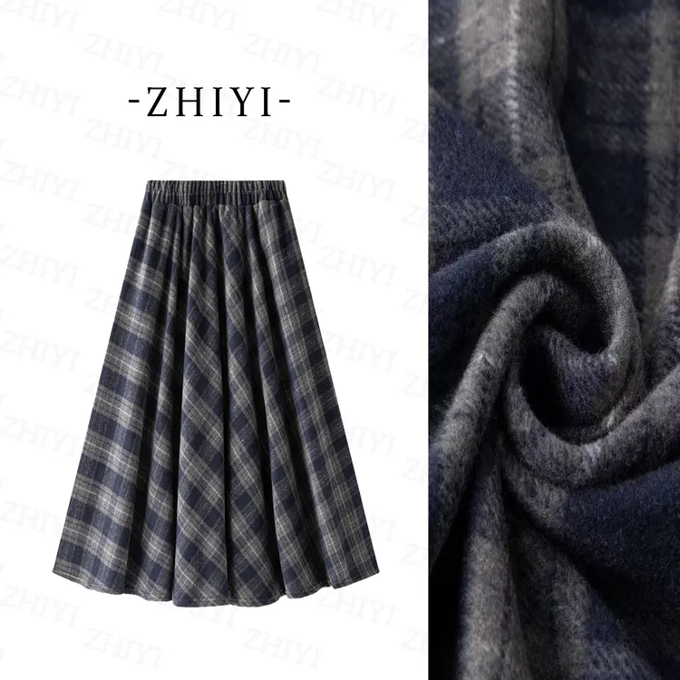 【二个裙长+羊毛】法式优雅幽蓝复古绝美大摆格纹半裙2025秋季新款