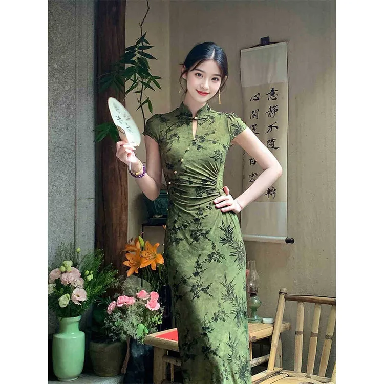 【9907】新中式百搭旗袍裙碎花连衣裙女新款优雅气质收腰开叉长裙