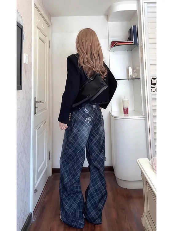 美式复古刺绣格纹牛仔裤女秋冬新款辣妹设计感慵懒宽松格子裤子潮