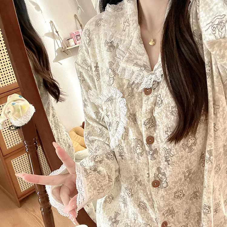 香槟金kitty睡衣女秋冬季长袖长裤韩版甜美学生德绒家居服两件套