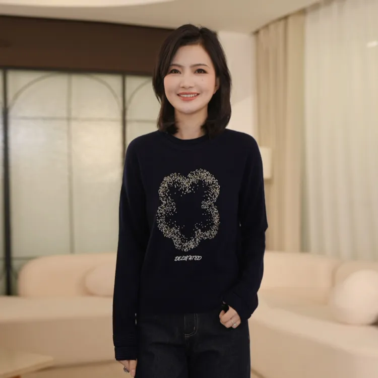 枫竺阿楠anan圆领重工钉珠花朵全羊毛针织衫女秋冬装通勤保暖毛衣