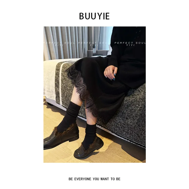 BUUYIE【夜蔷】羊毛半身裙黑色蕾丝边高级感秋冬季女新款251338