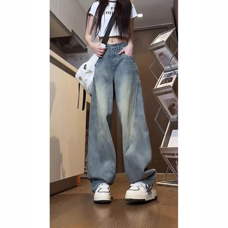 美式复古蓝弯刀牛仔裤男款斜切拼接设计感裤子秋季高街直筒工装裤