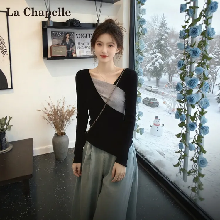 拉夏贝尔撞色小香风修身针织衫女秋冬新款不规则毛衣打底内搭上衣