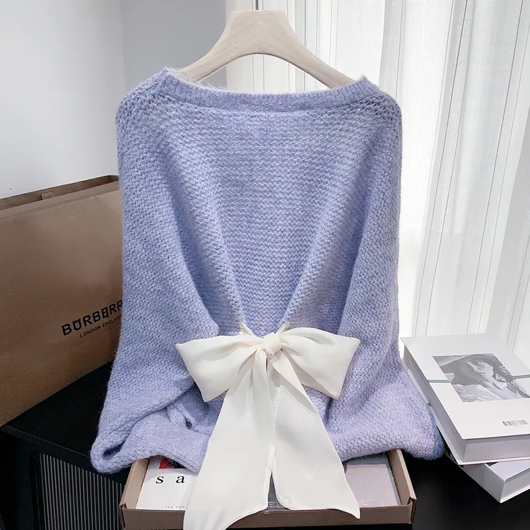 后背系带蝴蝶结毛衣女2025秋冬新款宽松韩系松弛甜美针织衫小上衣