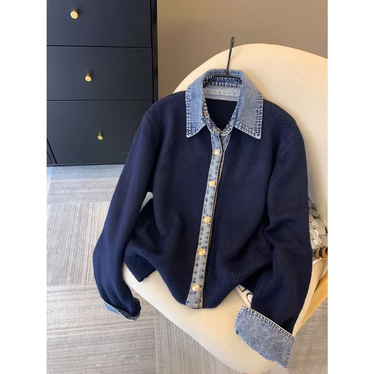 牛仔衬衫领拼接假两件毛衣女秋冬2025新款韩系chic高级感针织外套