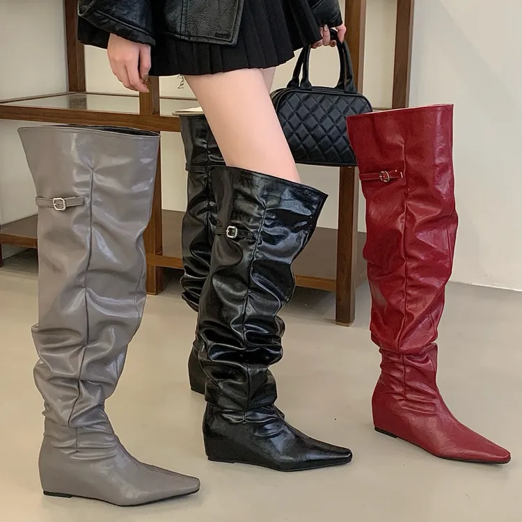 法式经典宽围坡跟褶皱堆堆长筒靴皮带扣显瘦时装靴秋冬新款瘦瘦靴