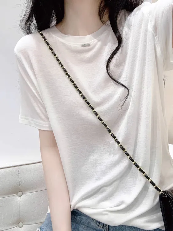 轻薄柔软莱赛尔天丝短袖t恤女夏季白色宽松温柔圆领正肩面膜上衣