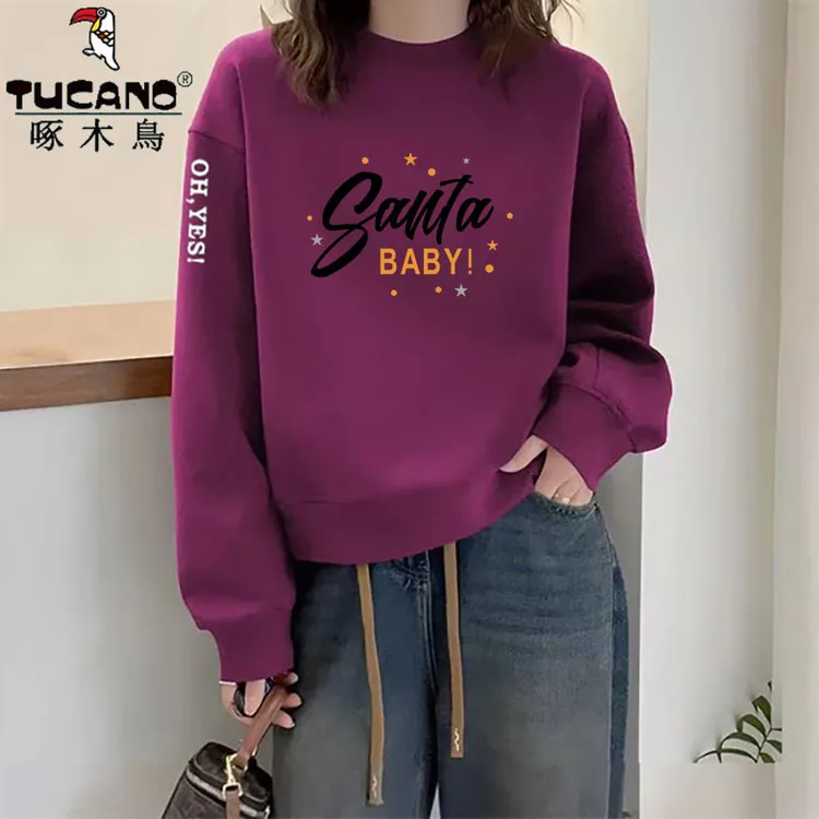 啄木鸟纯棉百搭新款圆领卫衣女中年减龄加绒宽松长袖t恤妈妈上衣