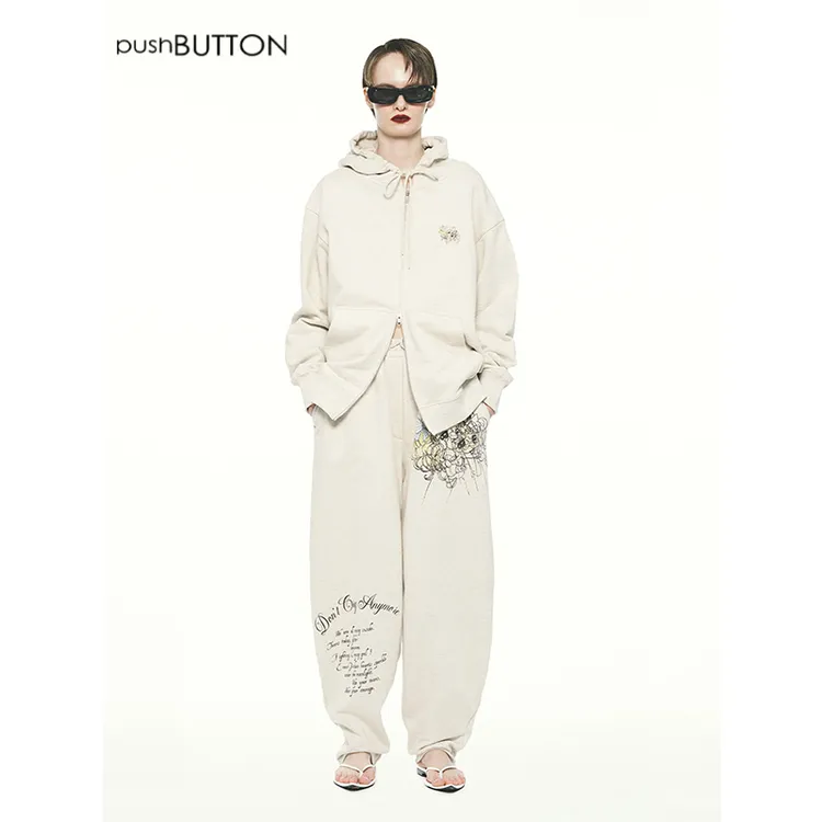 REP-PUSHBUTTON设计师品牌浅灰色娃娃头印花休闲长裤 25PF新品