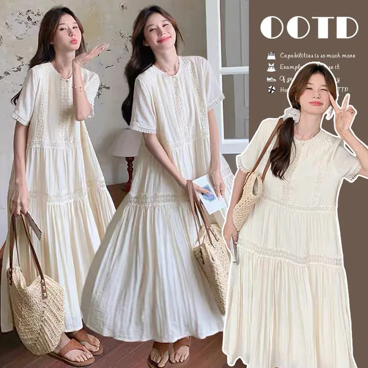 孕期高级感连衣裙夏季2025新款法式V领刺绣拼接宽松白色穿搭孕妇