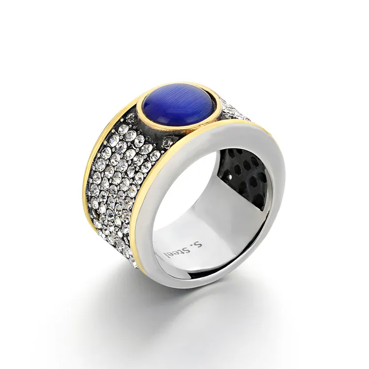 钛钢戒指 潮人HOPHIP嘻哈满钻手饰复古法式奢华镶钻蓝石钛钢男士