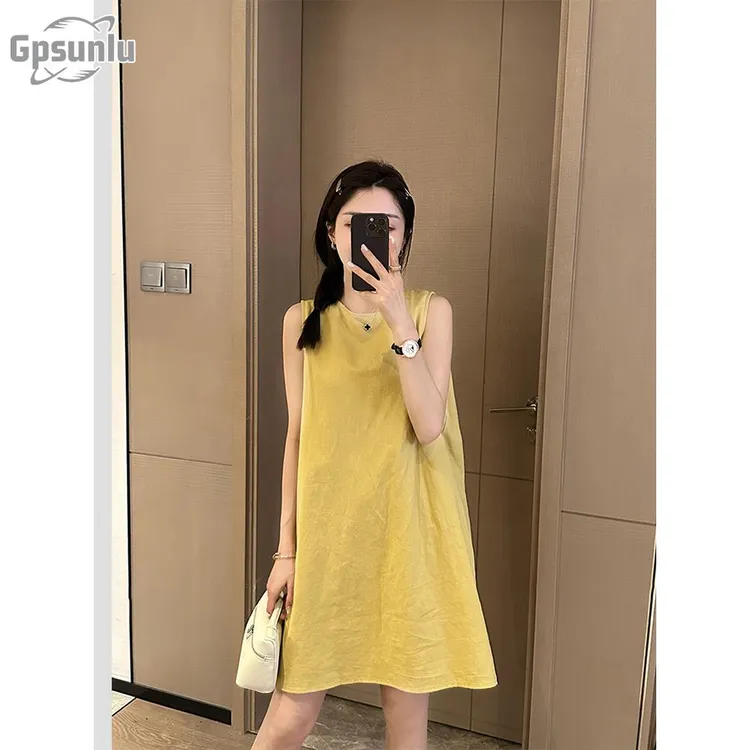 gpsunlu法式无袖背心黄色连衣裙女夏季宽松显瘦小个子露背短裙女