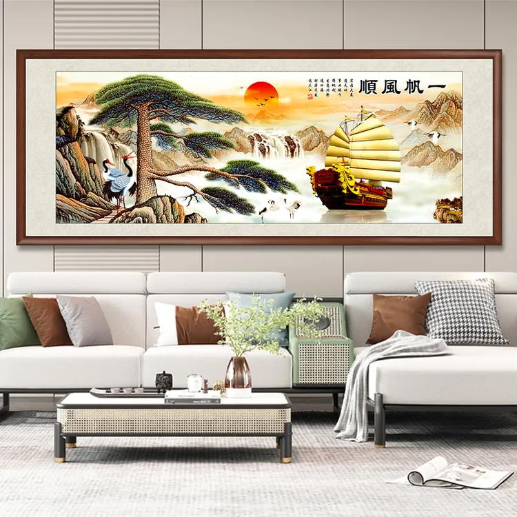 一帆风顺山水画背景墙挂画办公室客厅高档装饰画国画新中式风景画