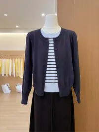 韩系温柔条纹假两件针织开衫毛衣女秋冬季长袖圆领慵懒风休闲上衣