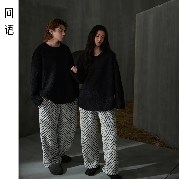 同语珊瑚绒情侣睡衣女士新款秋冬加绒长袖加厚保暖羊羔绒男家居服