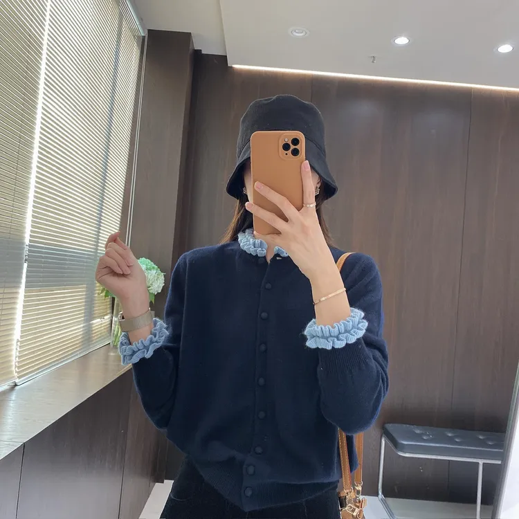 IMFLY金小金自制女装 羊毛衫DYW9817秋季韩系拼接木耳边针织开衫