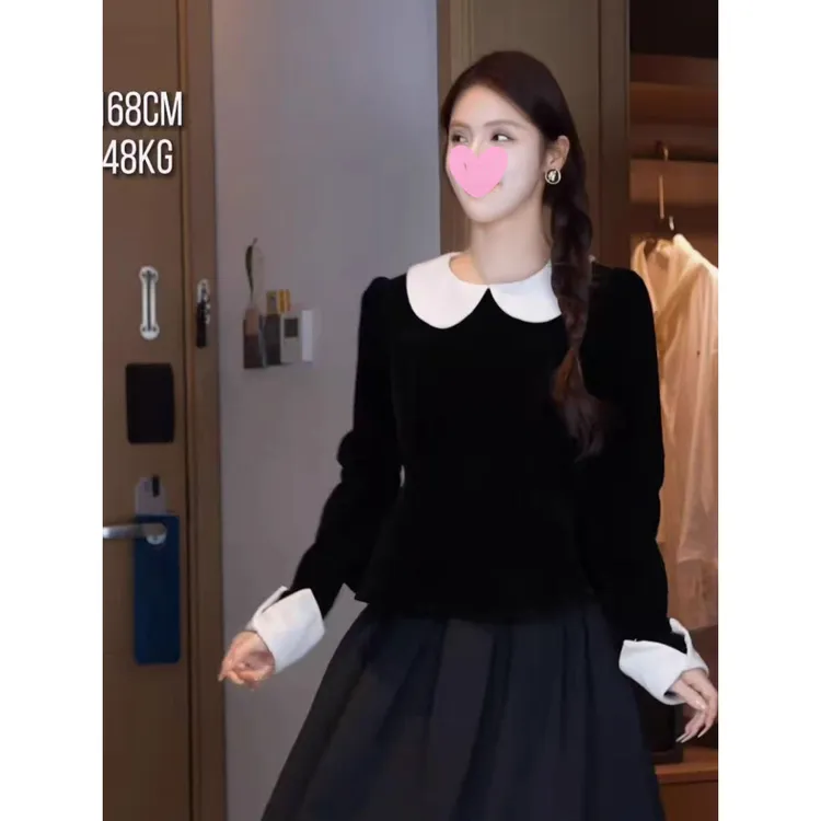 张元一同款女装娃娃领复古气质衬衫女2025初秋法式赫本风长袖上衣