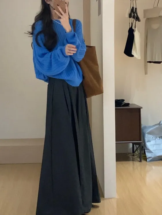 秋冬气质一整套ootd蓝色针织衫毛衣穿搭灰色阔腿裤减龄两件套装女