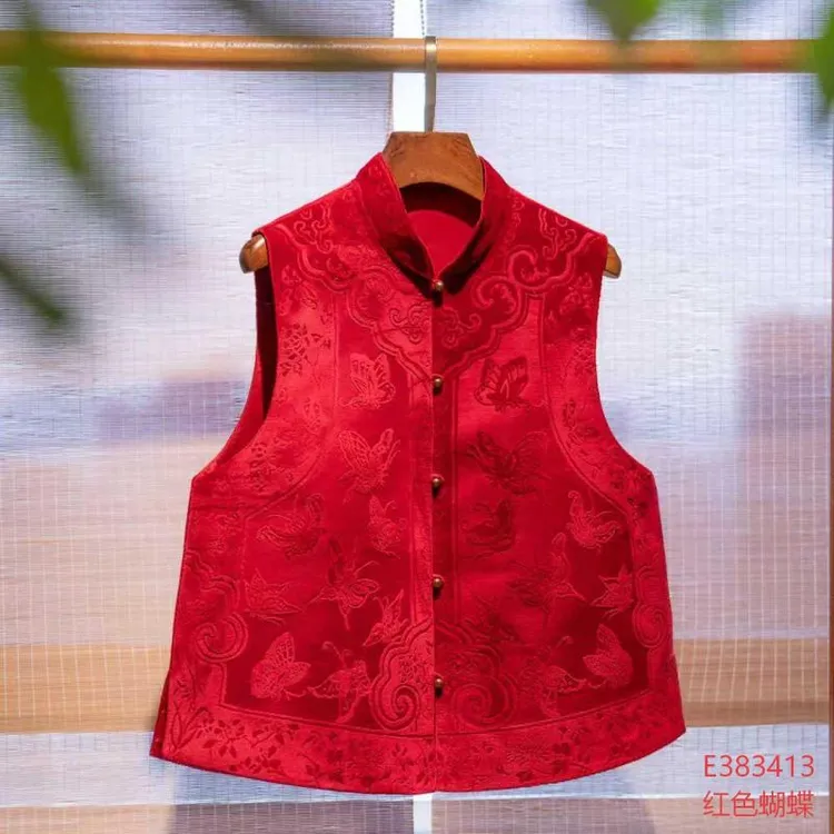 【锦系】漳绒定位花新中式国风桑蚕丝立领直襟马甲上衣E-383413