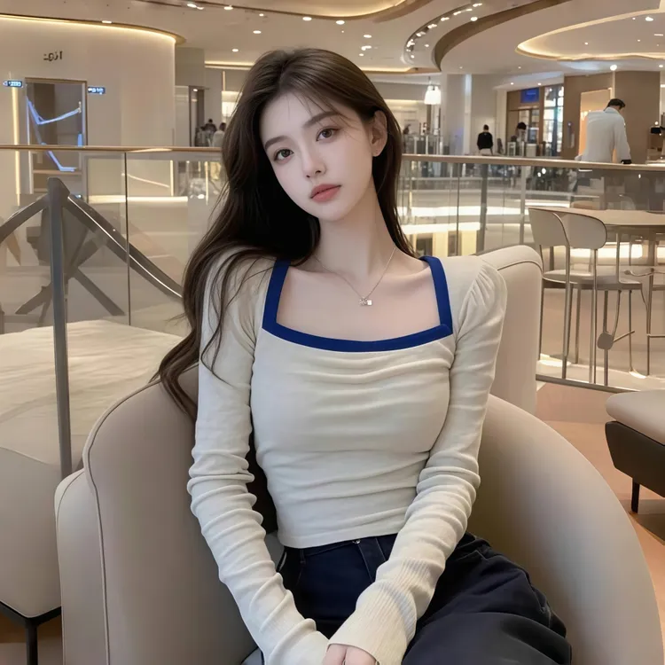 修身显瘦短款上衣女2025新款时尚款洋气百搭长袖方领t恤打底衫潮