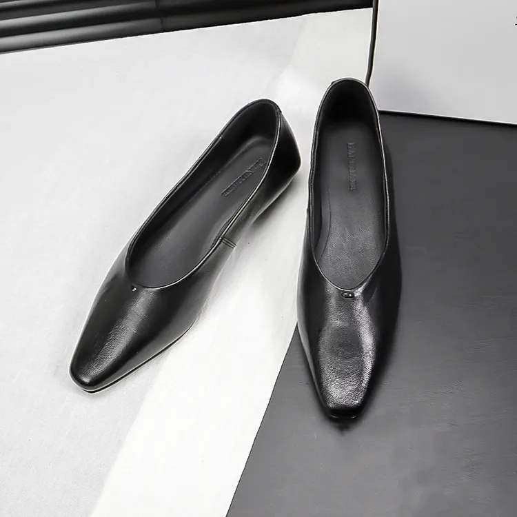 Aliyah34-42羊皮方头浅口单鞋平跟软底复古舒适平底春秋大码女鞋