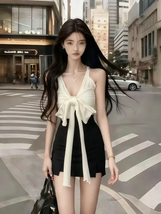 韩版时尚新款通勤辣妹风撞色无袖V领挂脖修身高腰包臀连衣裙女