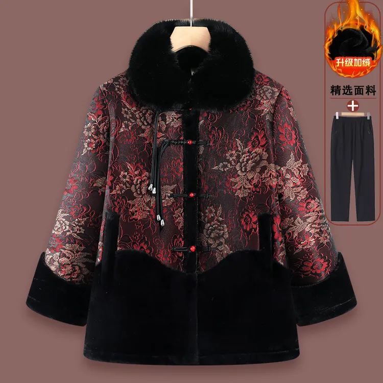 奶奶秋冬装加绒外套老年人棉袄女老太太衣服妈妈冬季加厚毛领外套