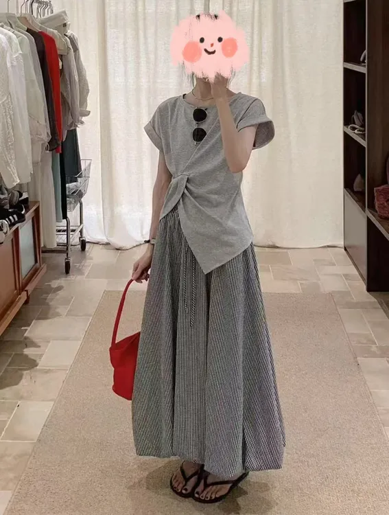 大码夏季不规则短袖T恤上衣半身裙微胖显瘦两件套5122#