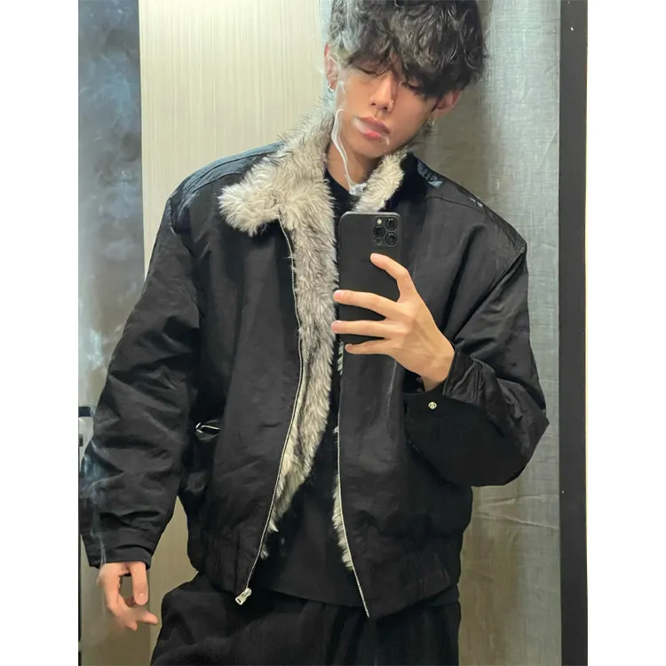 座山雕毛领棉服外套男秋冬加绒加厚棉衣高级感痞帅美式飞行员夹克