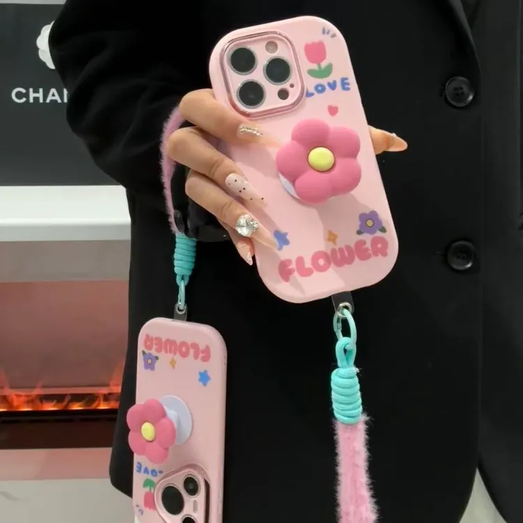 GGBond粉色花朵支架挂绳适用苹果17胖子16手机壳华为vivo小米oppo
