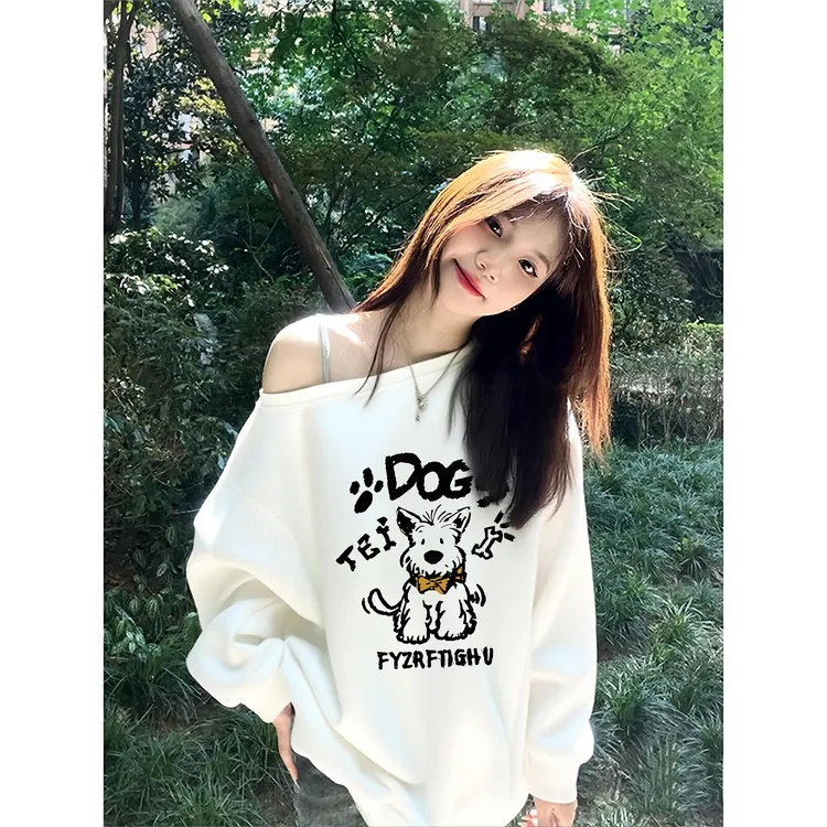 白色纯棉斜肩美式复古印花卫衣女早秋薄款甜妹设计感小众宽松上衣