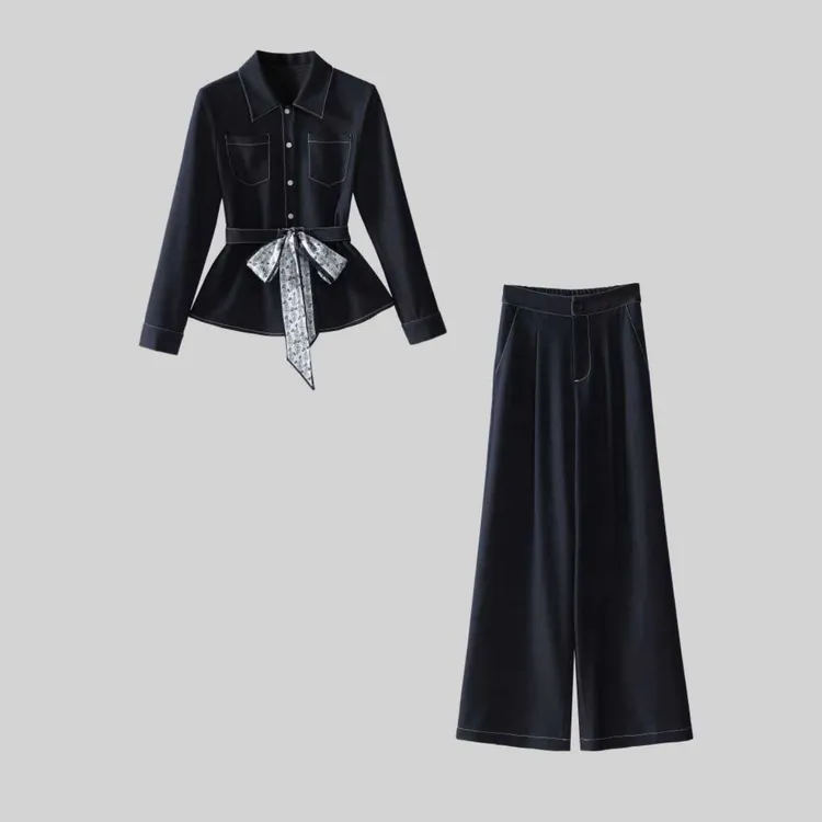 【纪朵研】871#秋季新款韩版时尚丝巾腰带衬衫阔腿长裤休闲两件套女