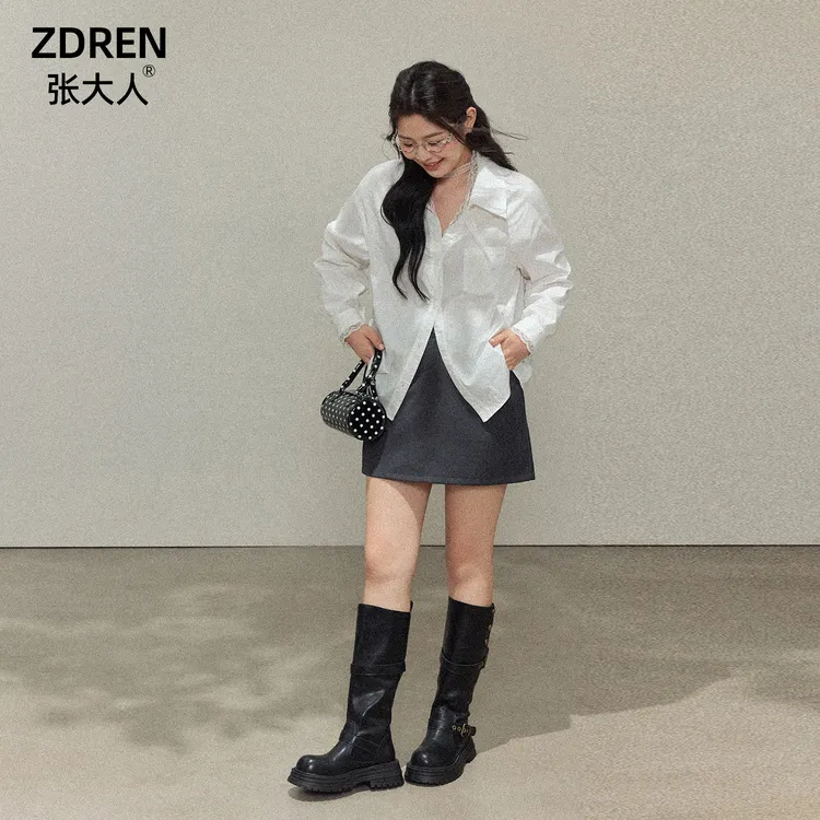 张大人【时尚巴黎】大码女装微胖妹妹秋款甜妹清新通勤衬衫西装半裙