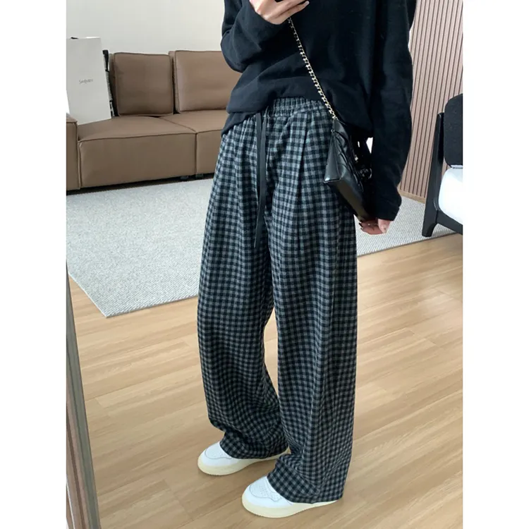 黑灰格子直筒休闲裤女秋冬加绒大码胖mm高腰遮胯显瘦松紧腰阔腿裤
