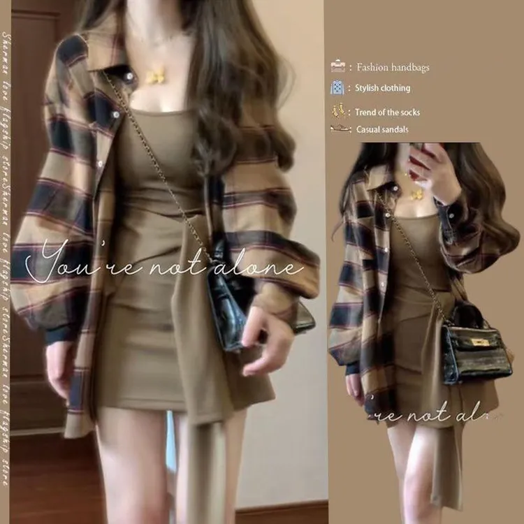 网红炸街穿搭套装女秋季新款时尚气质格子衬衫显瘦连衣裙两件套装