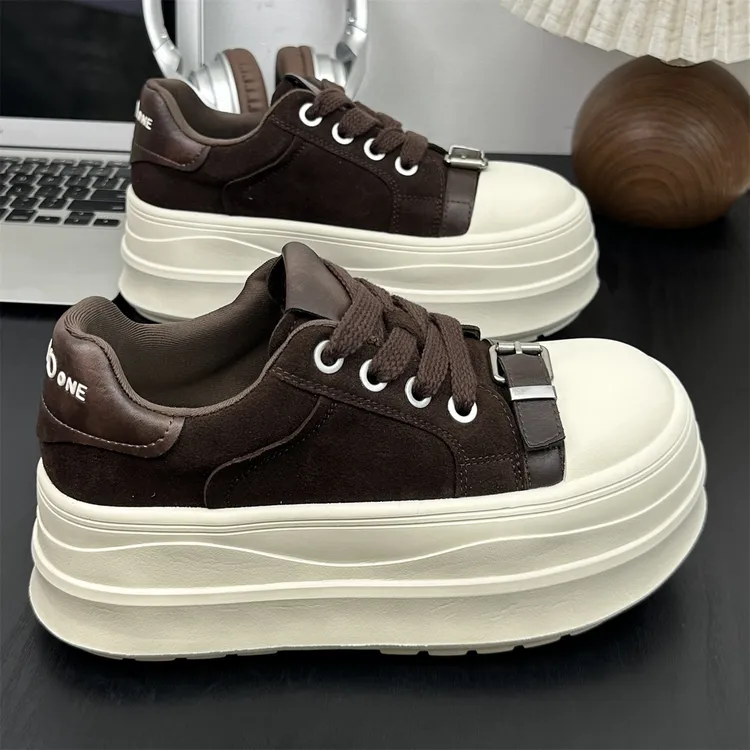 超轻便真皮6cm厚底松糕鞋女2025秋款小个子增高皮带扣时尚休闲鞋