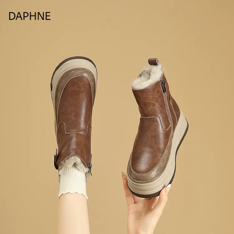 达芙妮中筒雪地靴女2025冬季新款时尚休闲百搭厚底加绒加厚棉鞋女