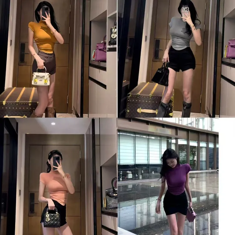 辣妹纯欲风不规则修身弹力半高领百搭纯色短袖上衣