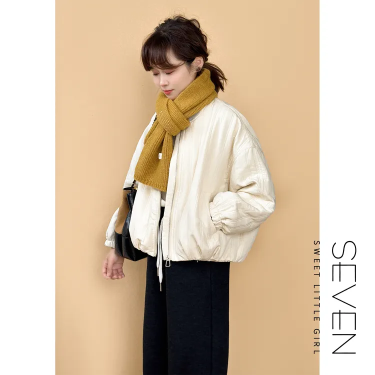 ⑦七七146小个子肌理感竖条纹压线棉服外套女秋冬款宽松棉衣小美说