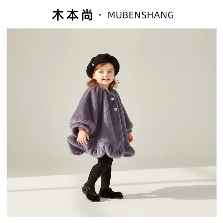 木本尚仿皮草外女童高级洋气灯笼型袖口鹿皮绒内里俏皮可爱外套