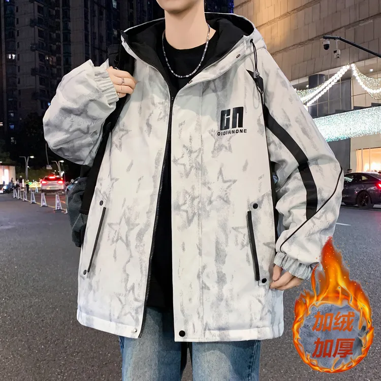 青少年秋冬帅气拼色连帽夹克学生宽松加厚加绒保暖百搭休闲外套男