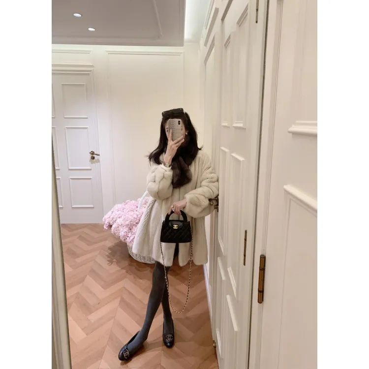 2025冬季新款中古高级感中长外套女立领竖纹慵懒毛毛外套大衣女
